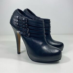 Aldo Black Leather 5-Buckle Harness Strappy Stiletto Zip Ankle Boots Booties 7.5